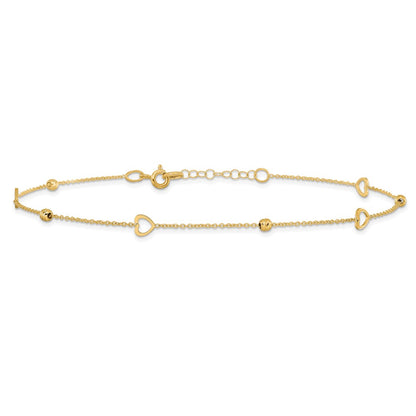 14K Yellow Gold Polished And D/C Heart W/1In Ext. Anklet