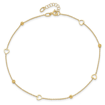 14K Yellow Gold Polished And D/C Heart W/1In Ext. Anklet