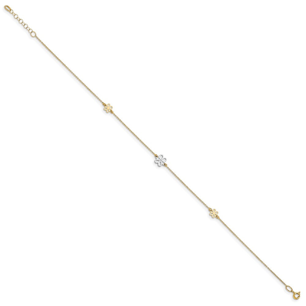 14K Two-Tone Polished Flower With 1In Ext. Anklet