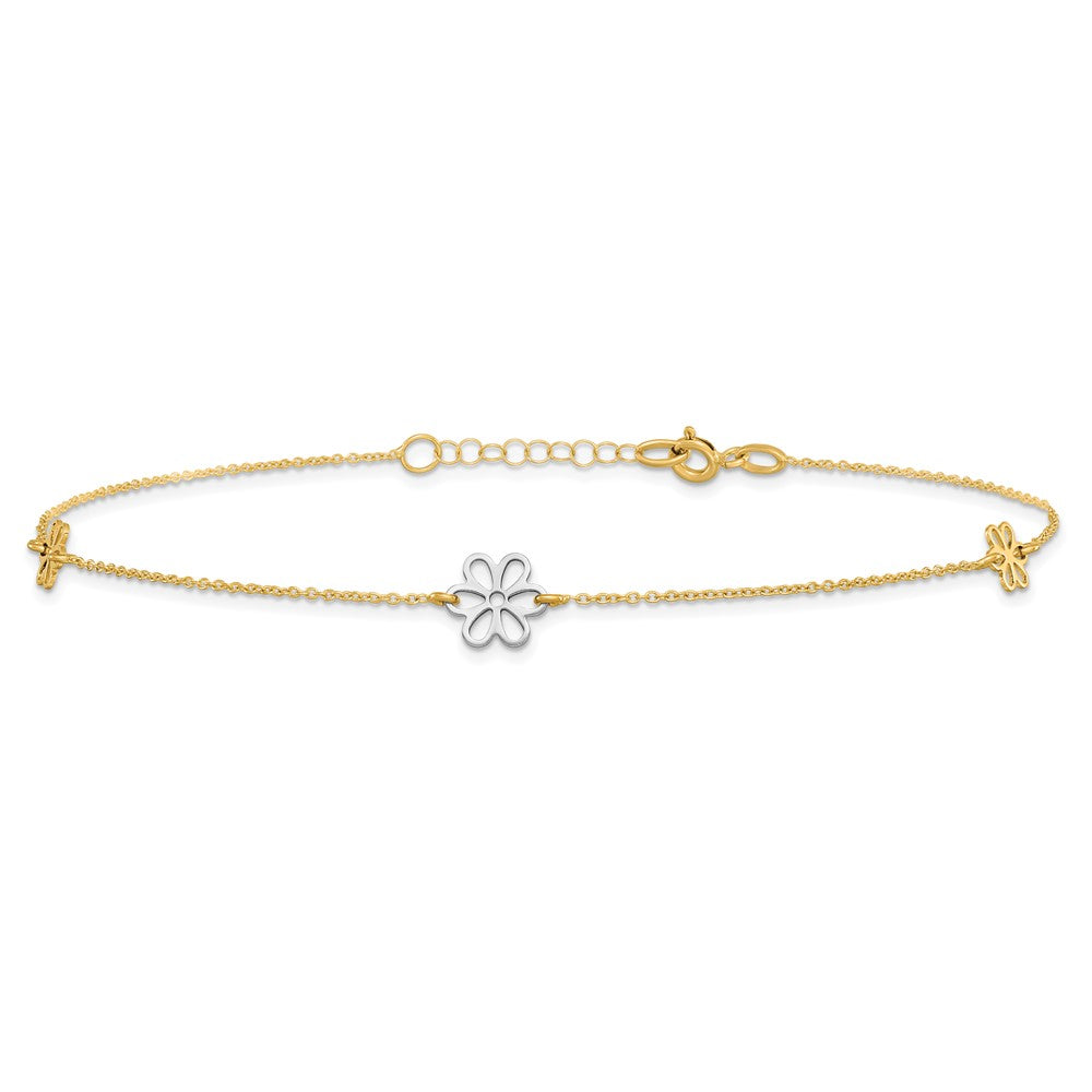 14K Two-Tone Polished Flower With 1In Ext. Anklet