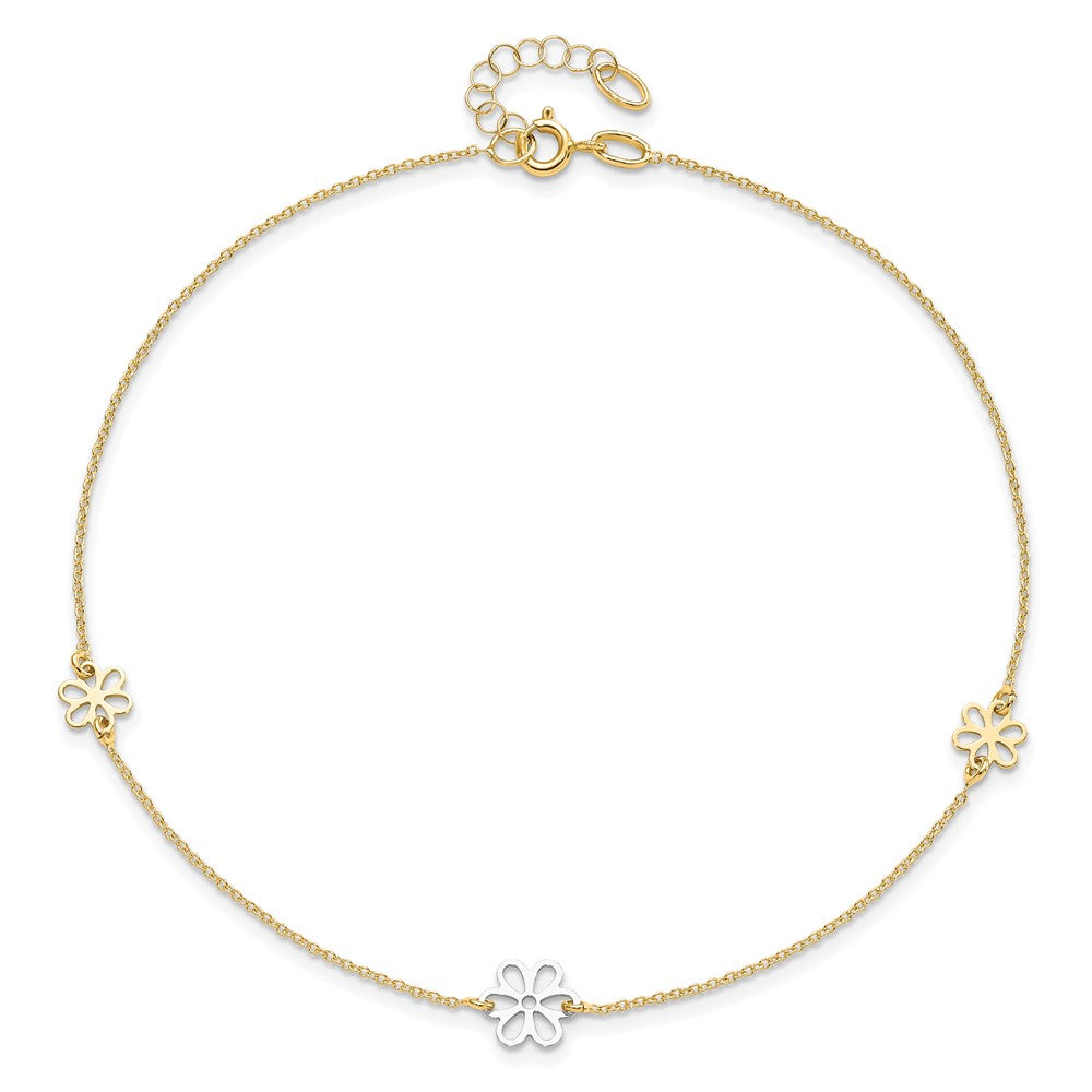 14K Two-Tone Polished Flower With 1In Ext. Anklet
