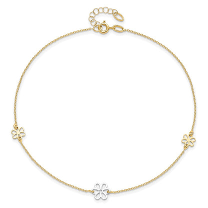 14K Two-Tone Polished Flower With 1In Ext. Anklet