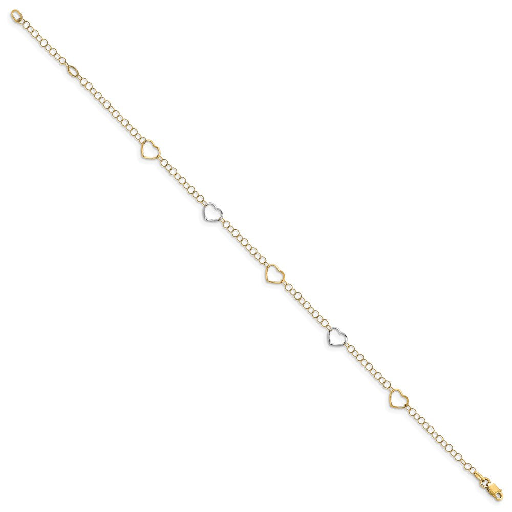 14K Two-Tone Polished Heart With 1In Ext. Anklet