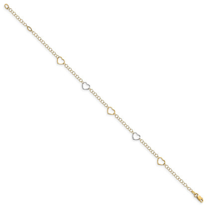 14K Two-Tone Polished Heart With 1In Ext. Anklet