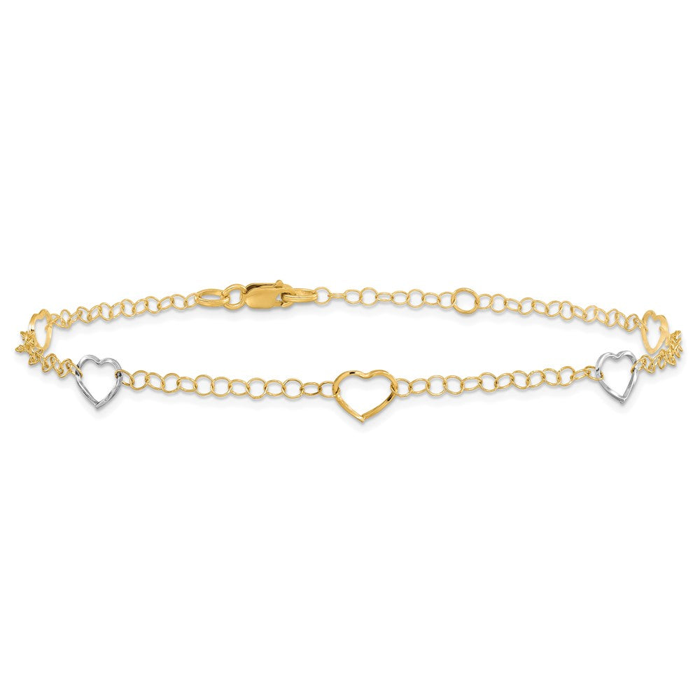 14K Two-Tone Polished Heart With 1In Ext. Anklet