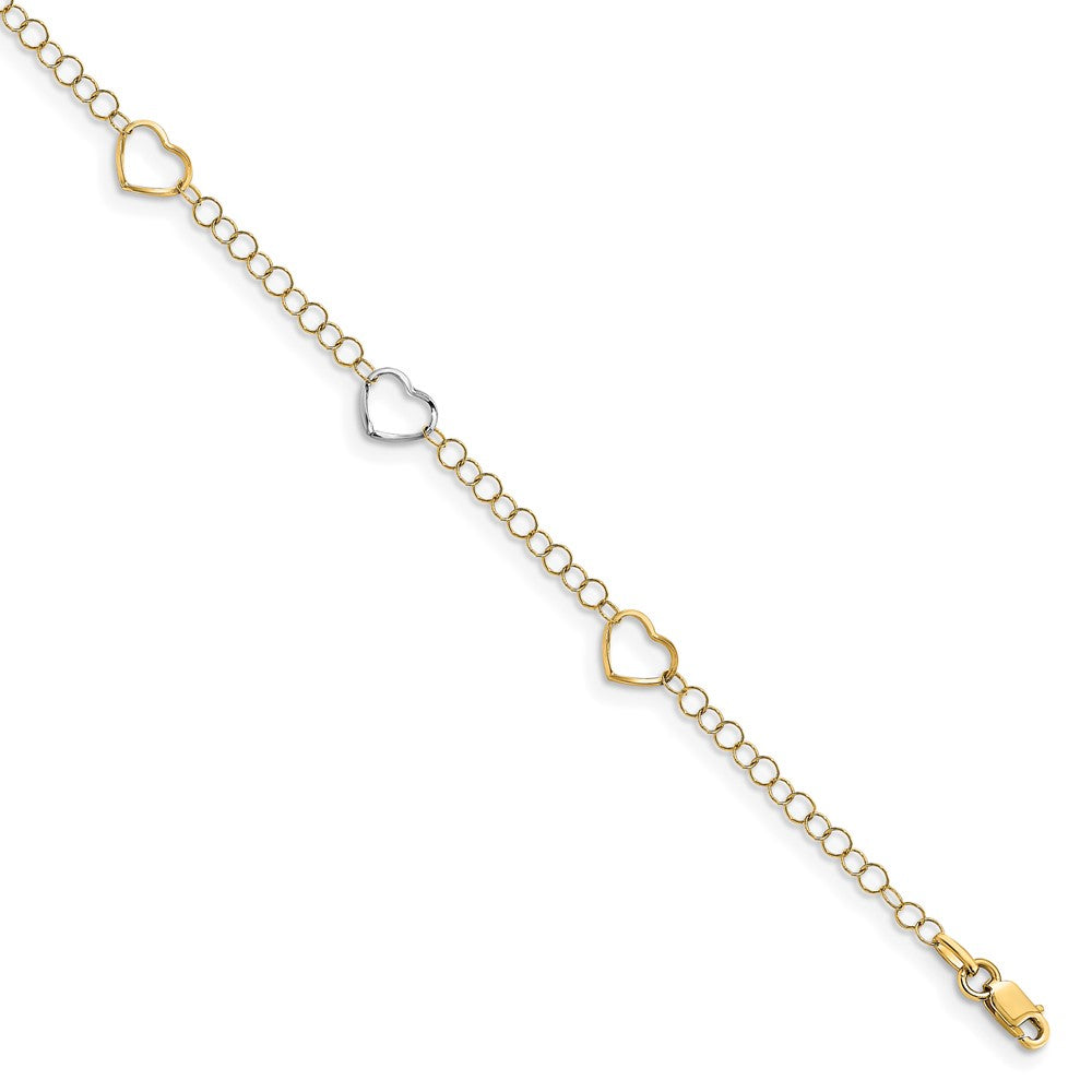 14K Two-Tone Polished Heart With 1In Ext. Anklet