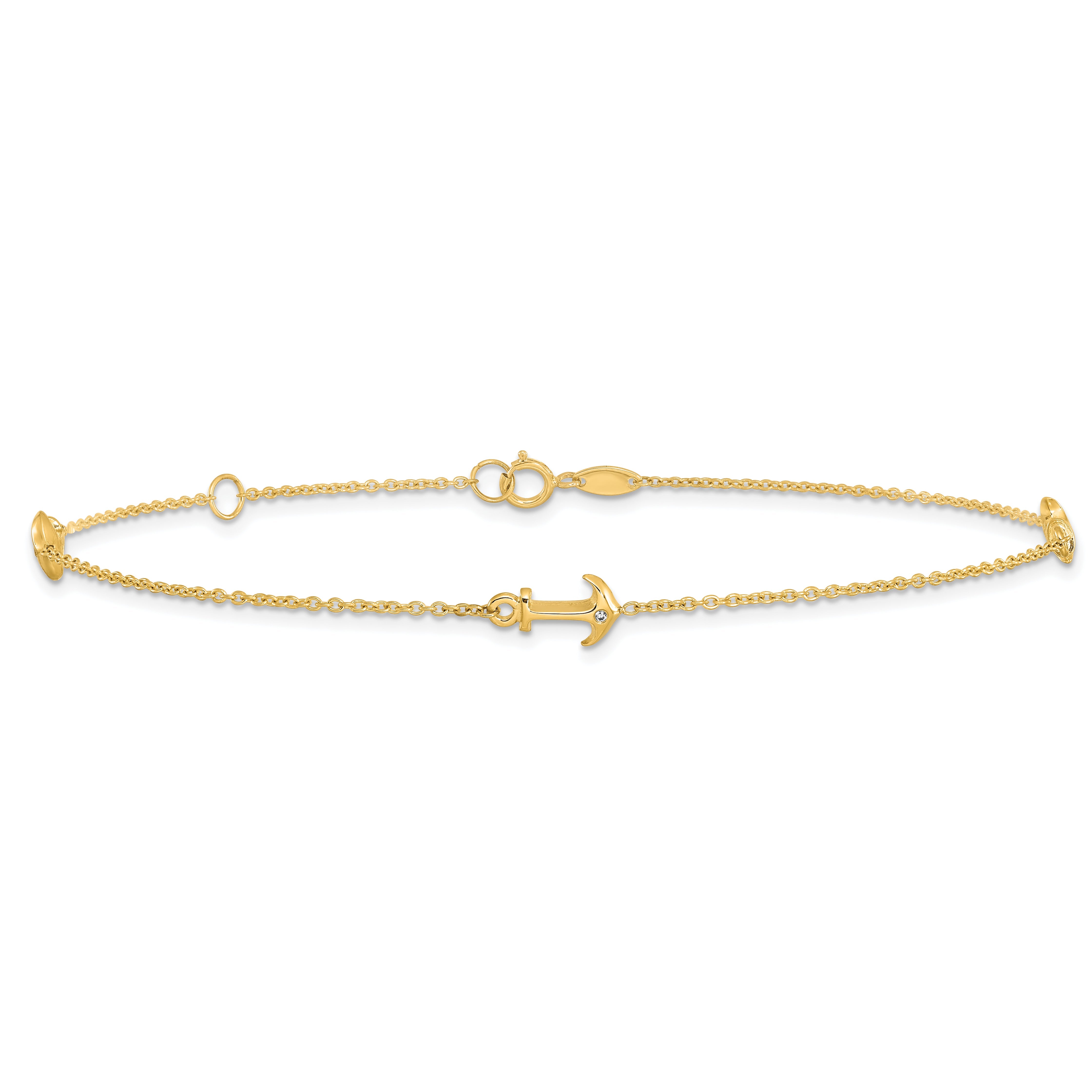 14K Yellow Gold Cz Polished Anchor With 1In Ext. Anklet