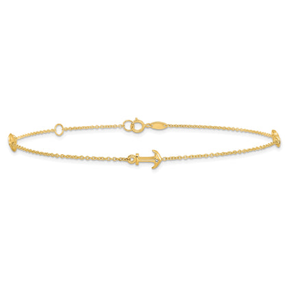 14K Yellow Gold Cz Polished Anchor With 1In Ext. Anklet