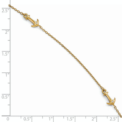 14K Yellow Gold Cz Polished Anchor With 1In Ext. Anklet