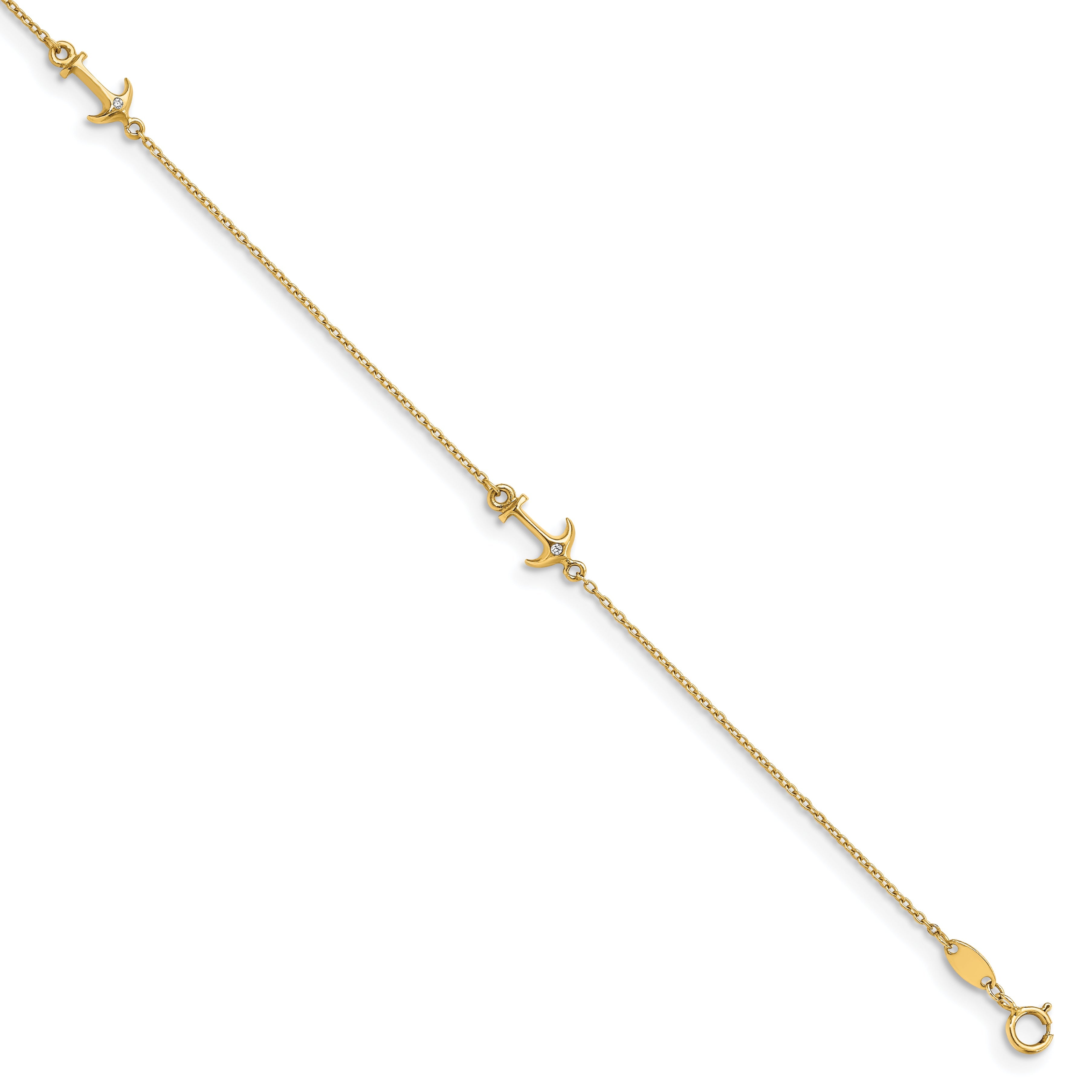 14K Yellow Gold Cz Polished Anchor With 1In Ext. Anklet