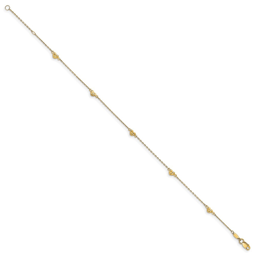 14K Yellow Gold Polished And D/C Heart With 1In Ext. Anklet