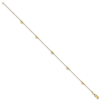 14K Yellow Gold Polished And D/C Heart With 1In Ext. Anklet