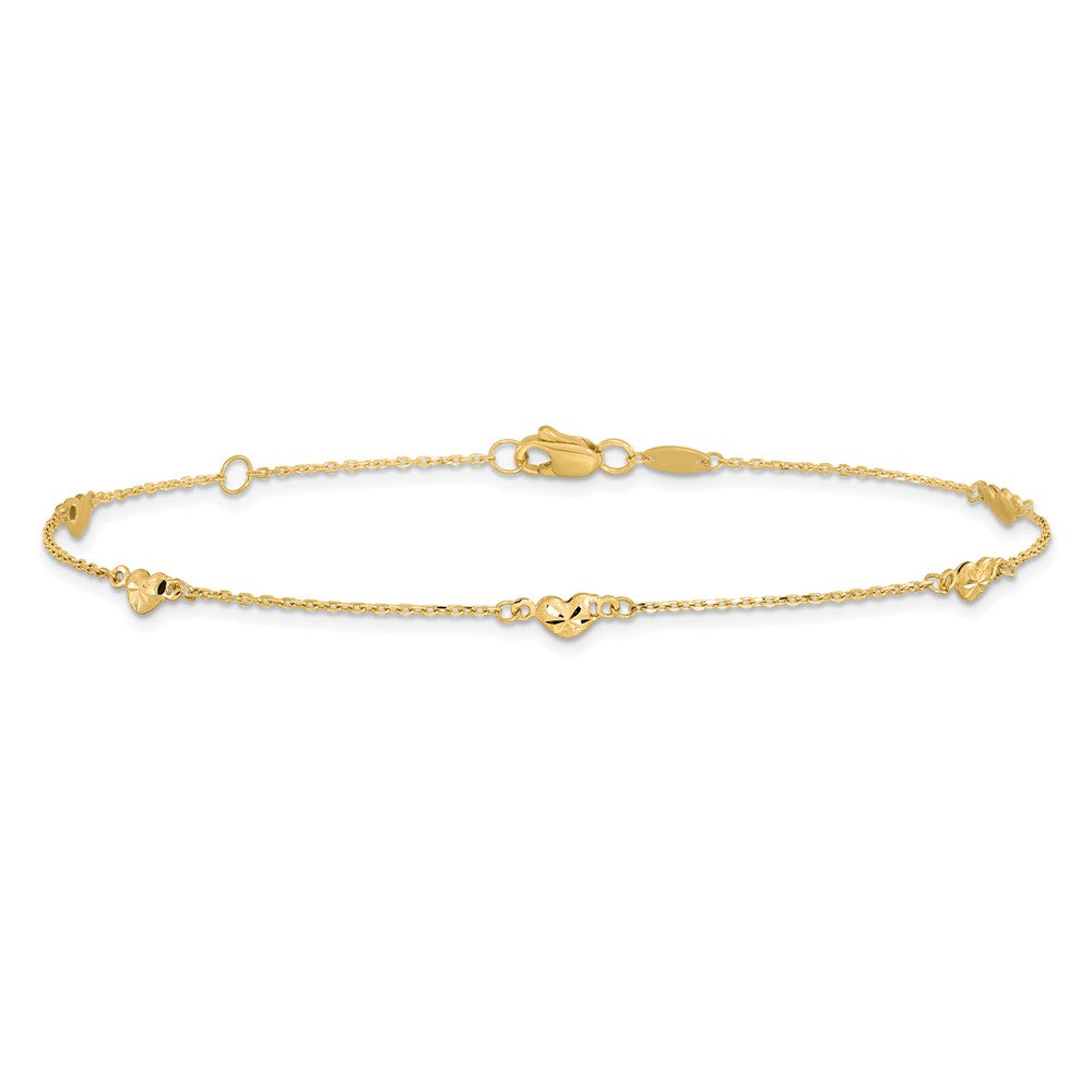 14K Yellow Gold Polished And D/C Heart With 1In Ext. Anklet