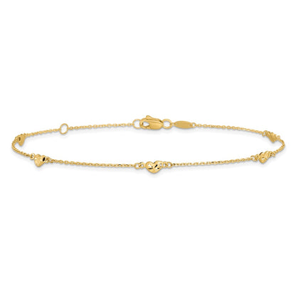 14K Yellow Gold Polished And D/C Heart With 1In Ext. Anklet