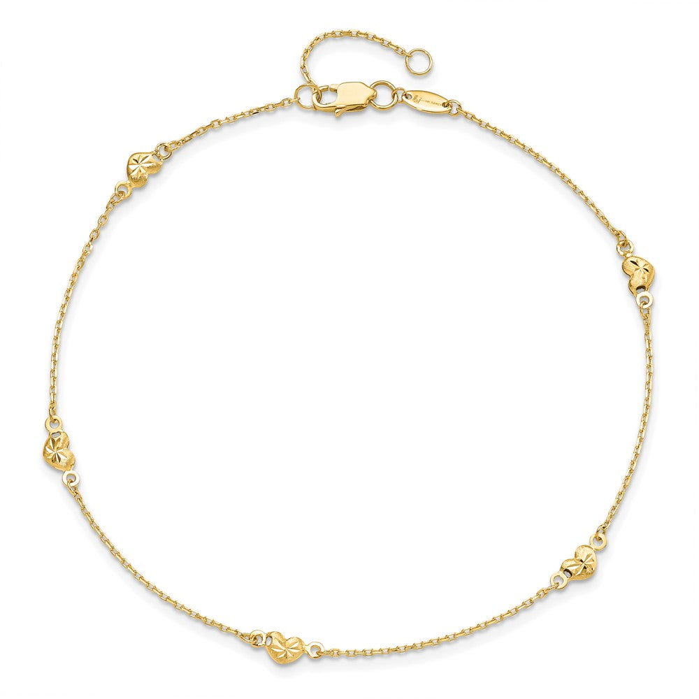 14K Yellow Gold Polished And D/C Heart With 1In Ext. Anklet