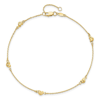 14K Yellow Gold Polished And D/C Heart With 1In Ext. Anklet