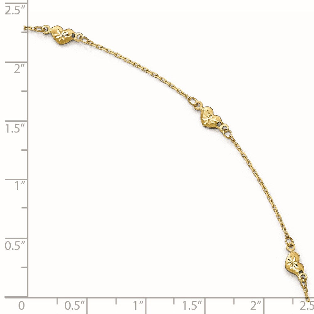 14K Yellow Gold Polished And D/C Heart With 1In Ext. Anklet