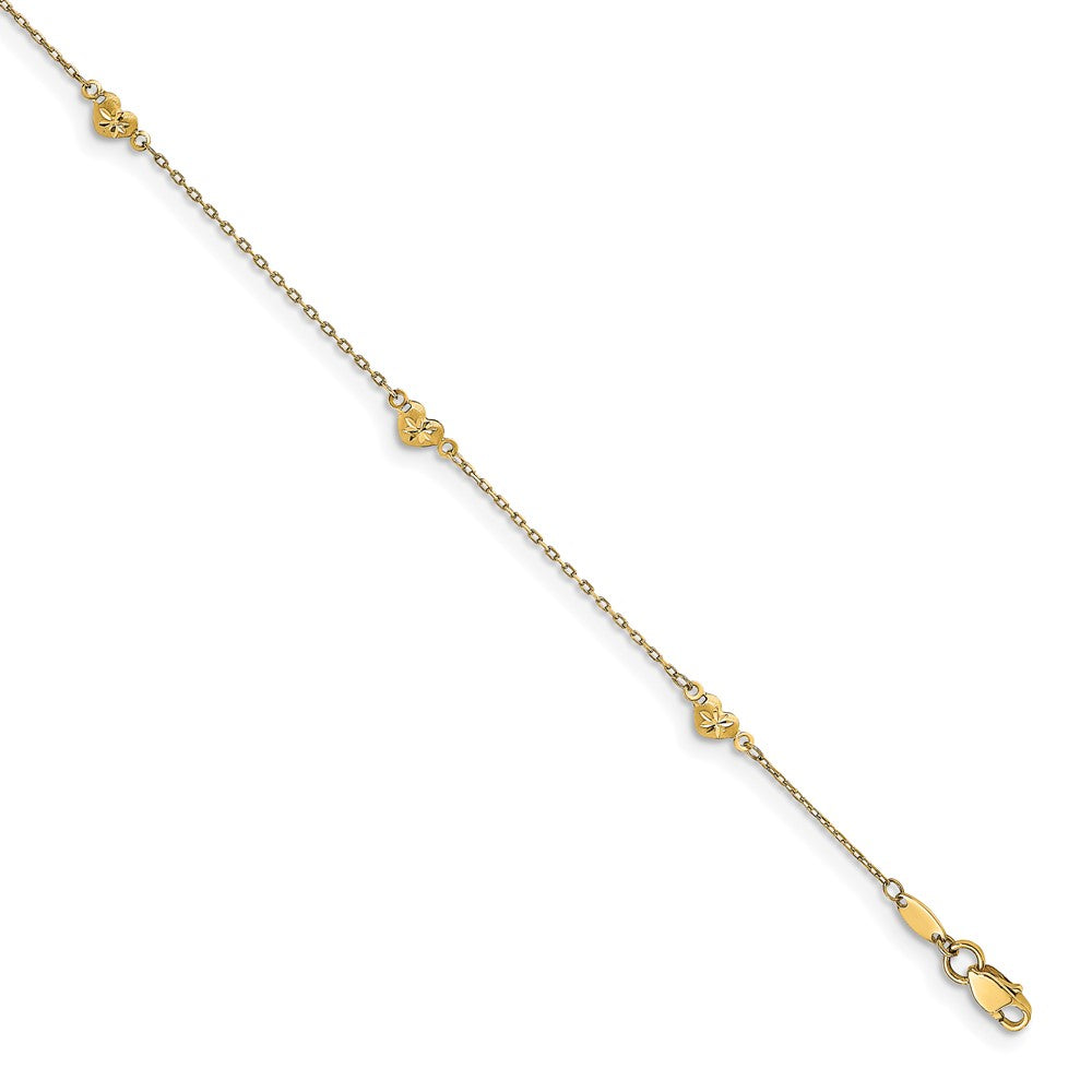 14K Yellow Gold Polished And D/C Heart With 1In Ext. Anklet