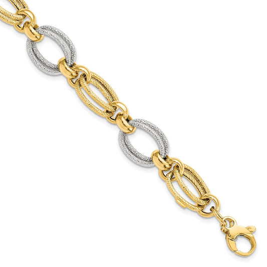 8 Inch 14K Two-Tone Polished And Textured Fancy Link Bracelet