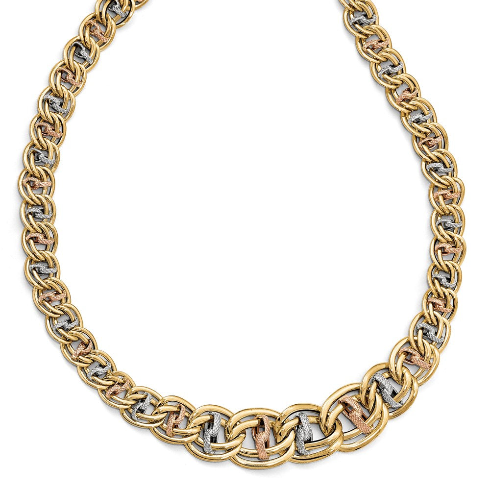 14K Tri Color Polished & Textured Fancy Link Necklace