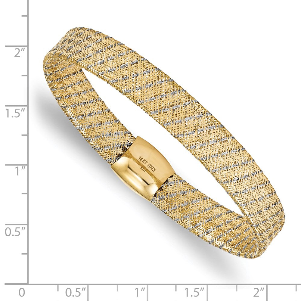 7.5 Inch 14K W/Rhodium Polished Mesh Stretch Bracelet