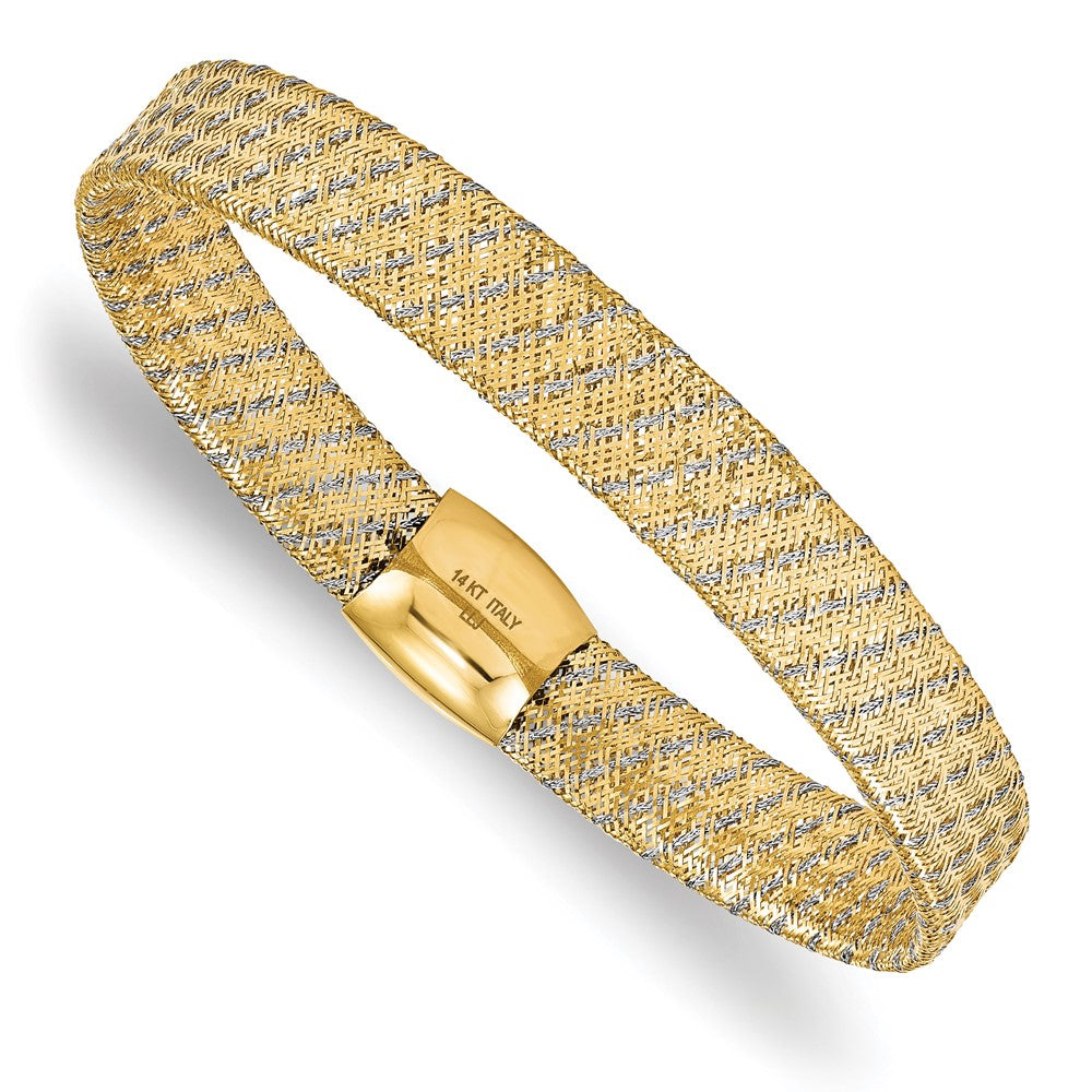 7.5 Inch 14K W/Rhodium Polished Mesh Stretch Bracelet