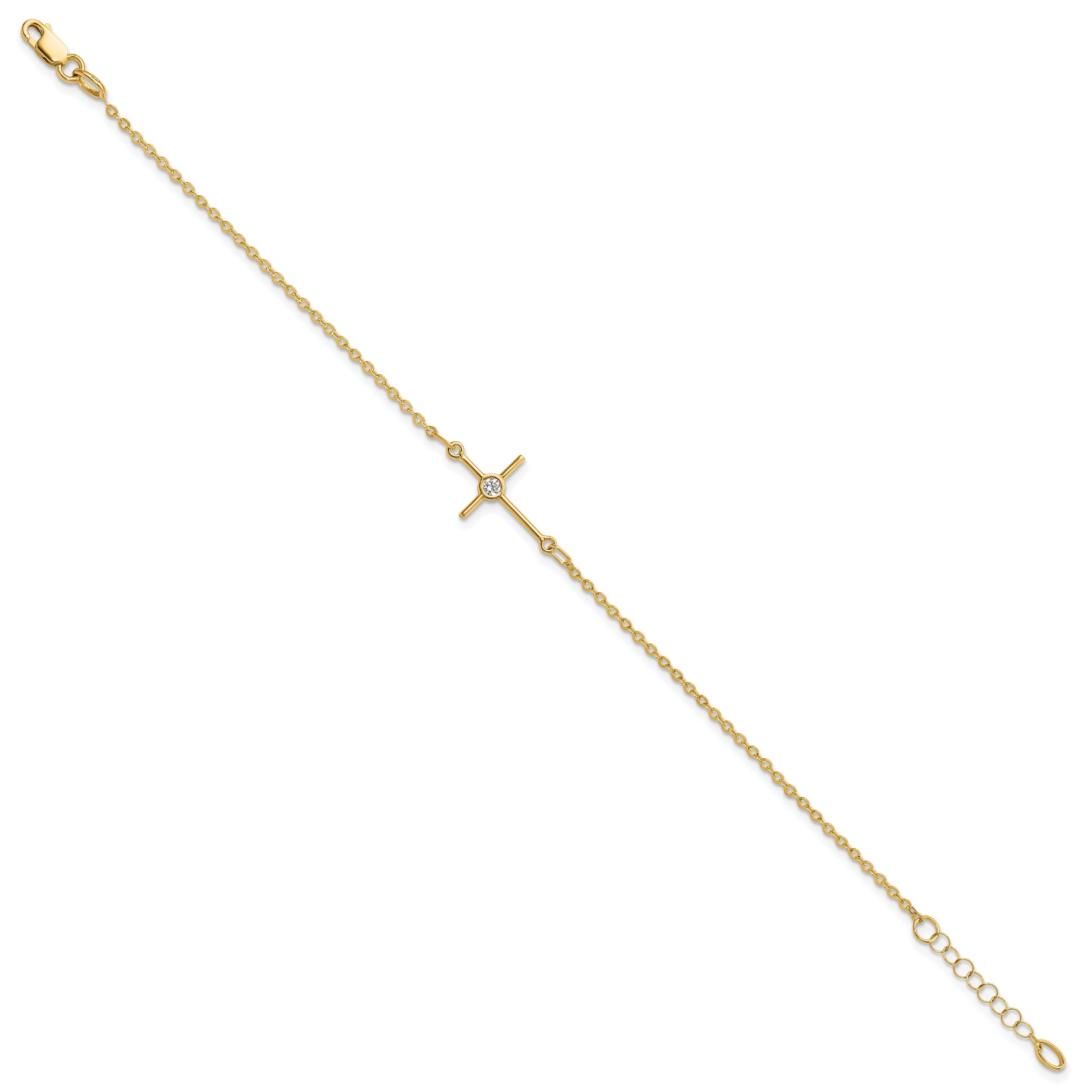 7 Inch 14K Polished Cz Cross 1In Ext. Bracelet