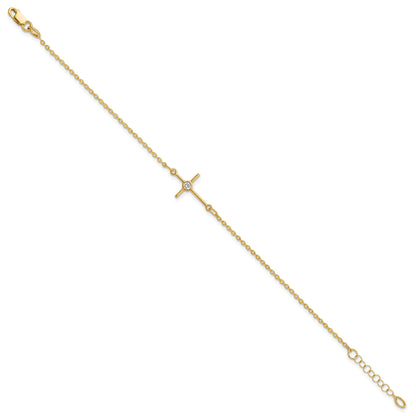 7 Inch 14K Polished Cz Cross 1In Ext. Bracelet