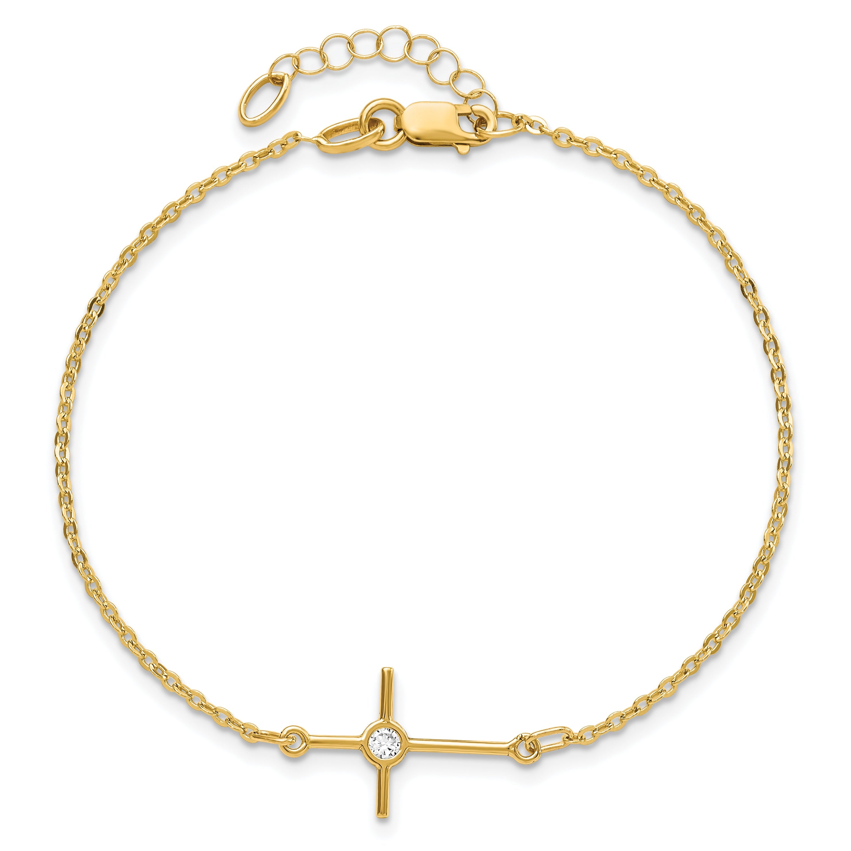 7 Inch 14K Polished Cz Cross 1In Ext. Bracelet