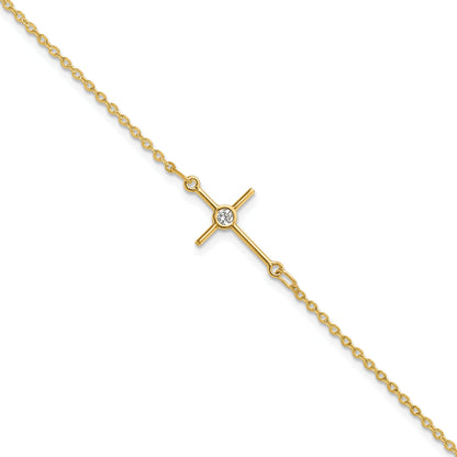7 Inch 14K Polished Cz Cross 1In Ext. Bracelet