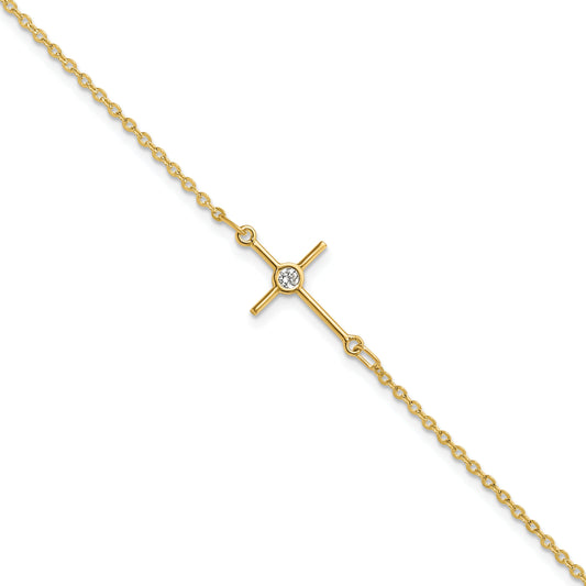 7 Inch 14K Polished Cz Cross 1In Ext. Bracelet