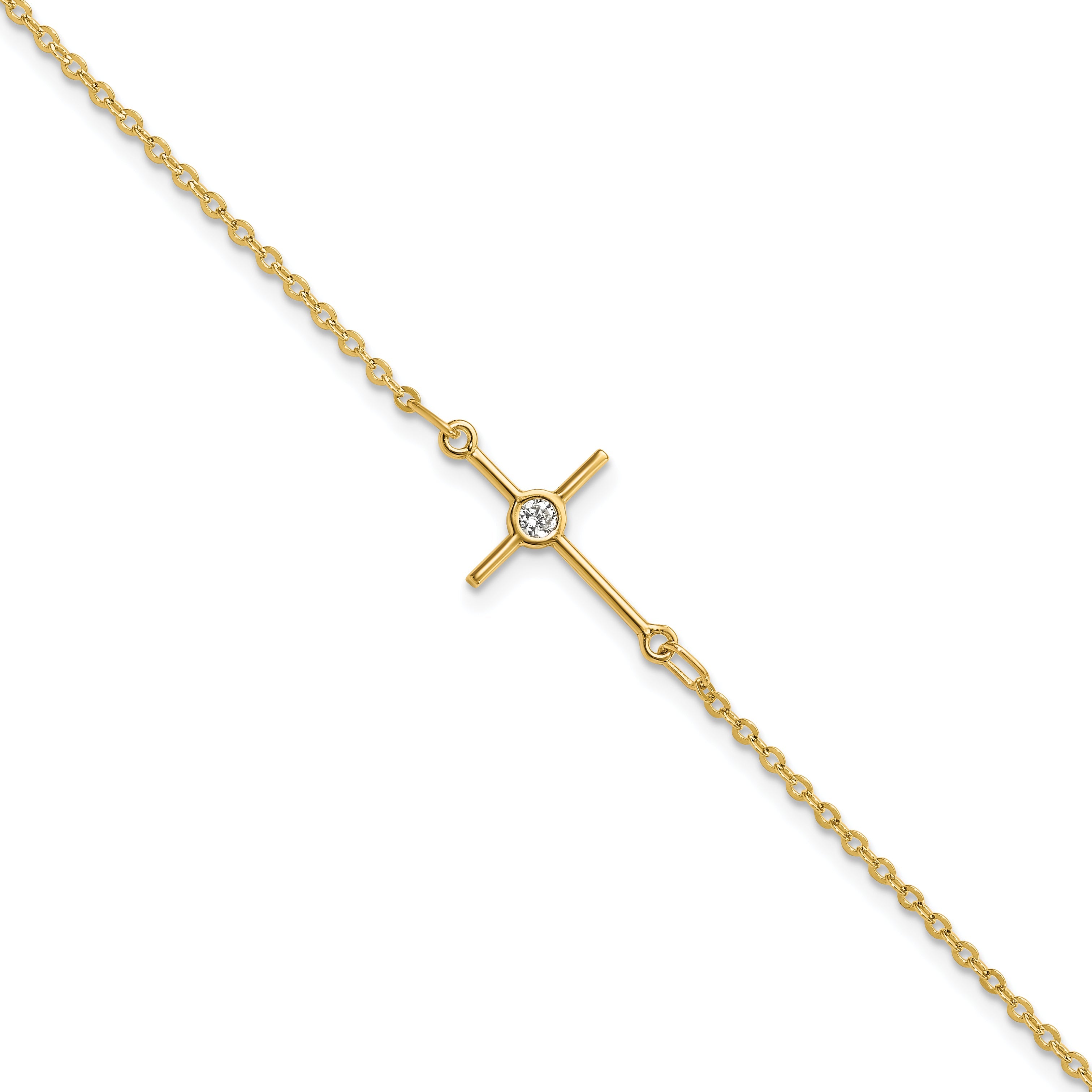 7 Inch 14K Polished Cz Cross 1In Ext. Bracelet