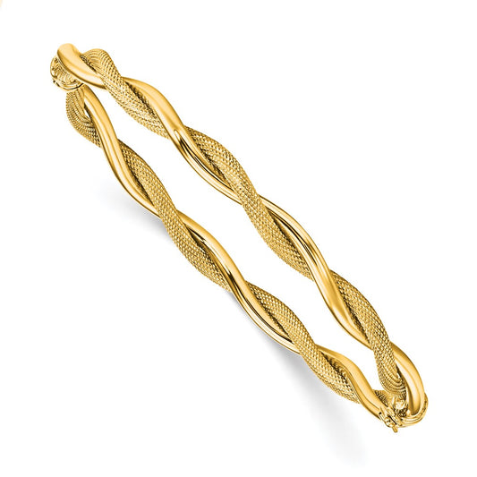 14K Yellow Gold Polished And Textured Twist Bangle