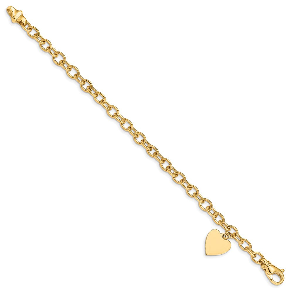14K Yellow Gold Engravable 19X13mm Solid Dangle Heart Charm And Polished Link 8.5 Inch Bracelet