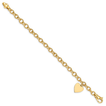 14K Yellow Gold Engravable 19X13mm Solid Dangle Heart Charm And Polished Link 7.5 Inch Bracelet