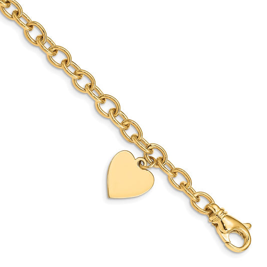 14K Yellow Gold Engravable 19X13mm Solid Dangle Heart Charm And Polished Link 7.5 Inch Bracelet