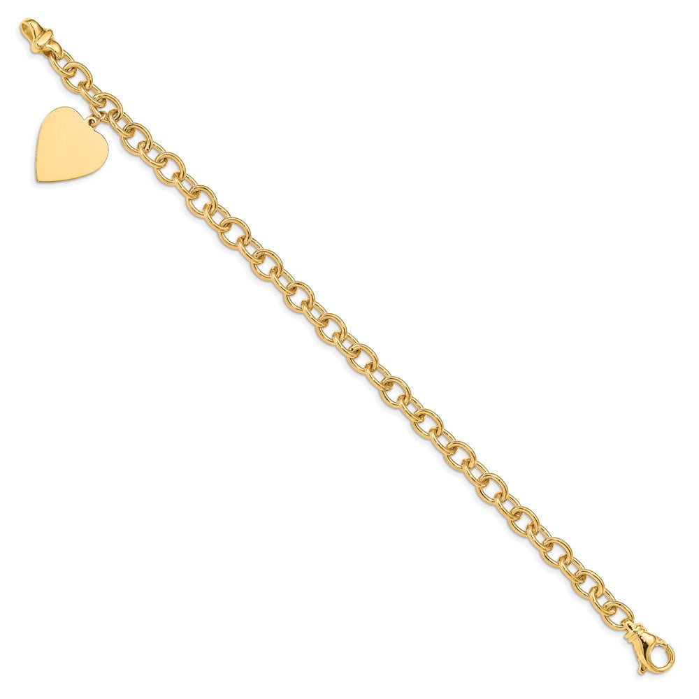 14K Yellow Gold Engravable 23X17mm Solid Dangle Heart Charm And Polished Link 8.5 Inch Bracelet