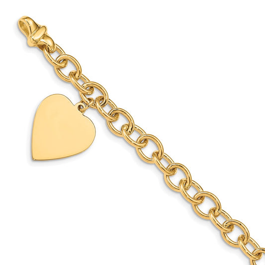 14K Yellow Gold Engravable 23X17mm Solid Dangle Heart Charm And Polished Link 7.5 Inch Bracelet