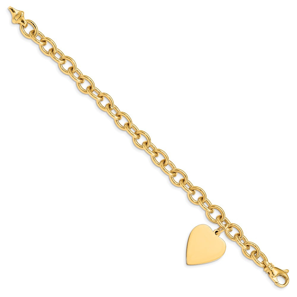 14K Yellow Gold Engravable 25X19mm Solid Dangle Heart Charm And Polished Link 7.5 Inch Bracelet