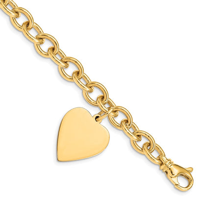 14K Yellow Gold Engravable 25X19mm Solid Dangle Heart Charm And Polished Link 7.5 Inch Bracelet