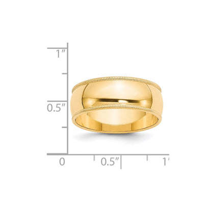 Solid 18K Yellow Gold 8mm Milgrain Half Round Men's/Women's Wedding Band Ring Size 11