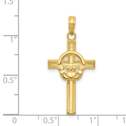 14K Yellow Gold Polished Claddagh Cross Pendant