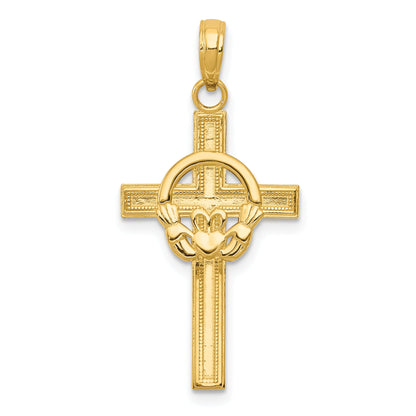 14K Yellow Gold Polished Claddagh Cross Pendant