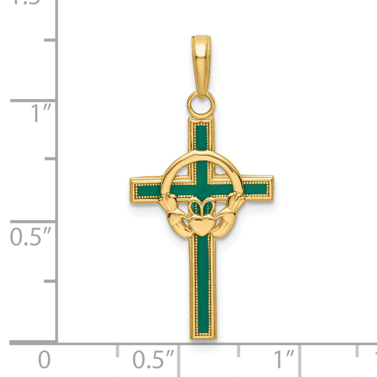 14K Yellow Gold Green Enameled Claddagh Cross Pendant