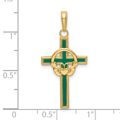 14K Yellow Gold Green Enameled Claddagh Cross Pendant