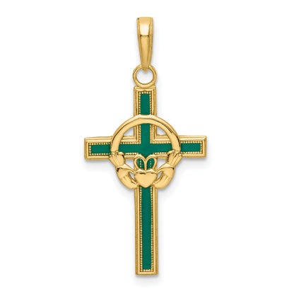 14K Yellow Gold Green Enameled Claddagh Cross Pendant