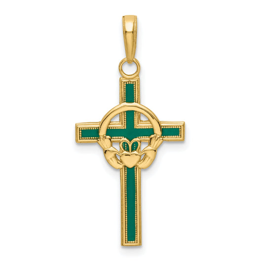 14K Yellow Gold Green Enameled Claddagh Cross Pendant