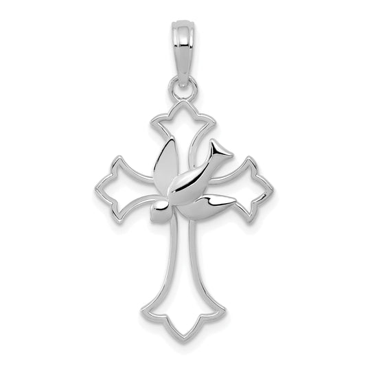 14K White Gold Polished Cross W/ Dove Charm