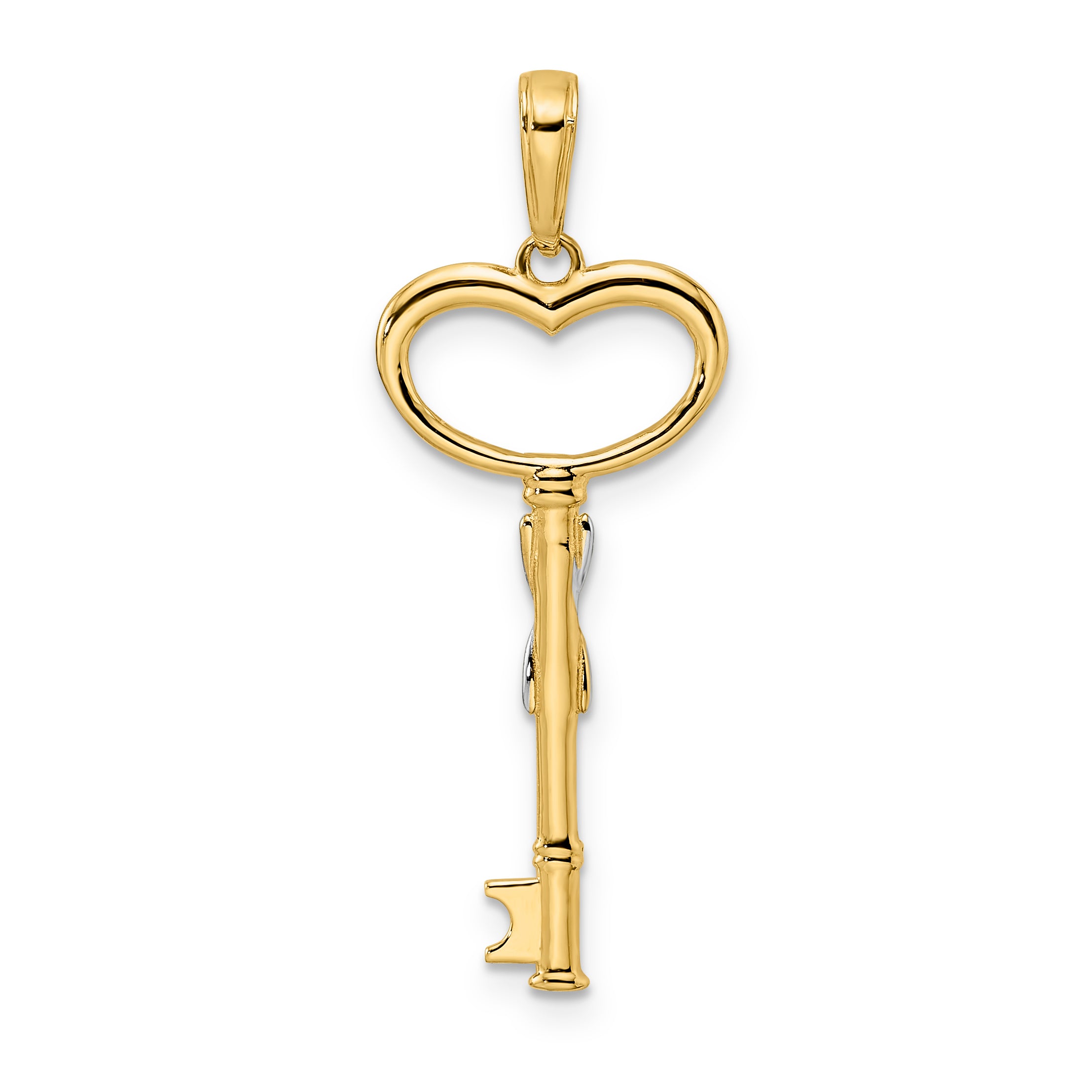 14K Yellow & Rhodium And White Diamiond-Cut Heart Key Pendant