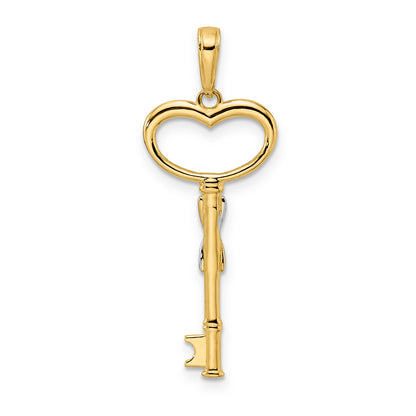14K Yellow & Rhodium And White Diamiond-Cut Heart Key Pendant